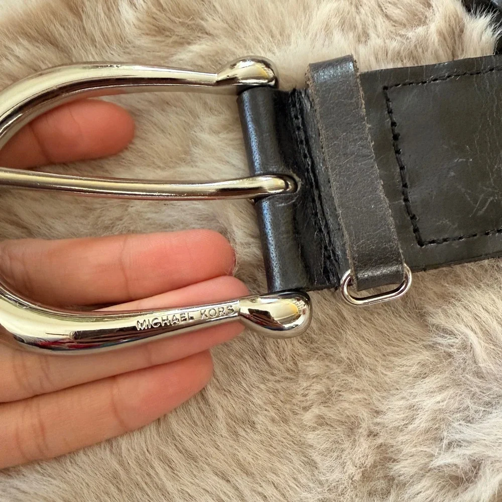 Michael Kors Braided Leather Belt Woven Horseshoe Silver Buckle Dark Brown Small